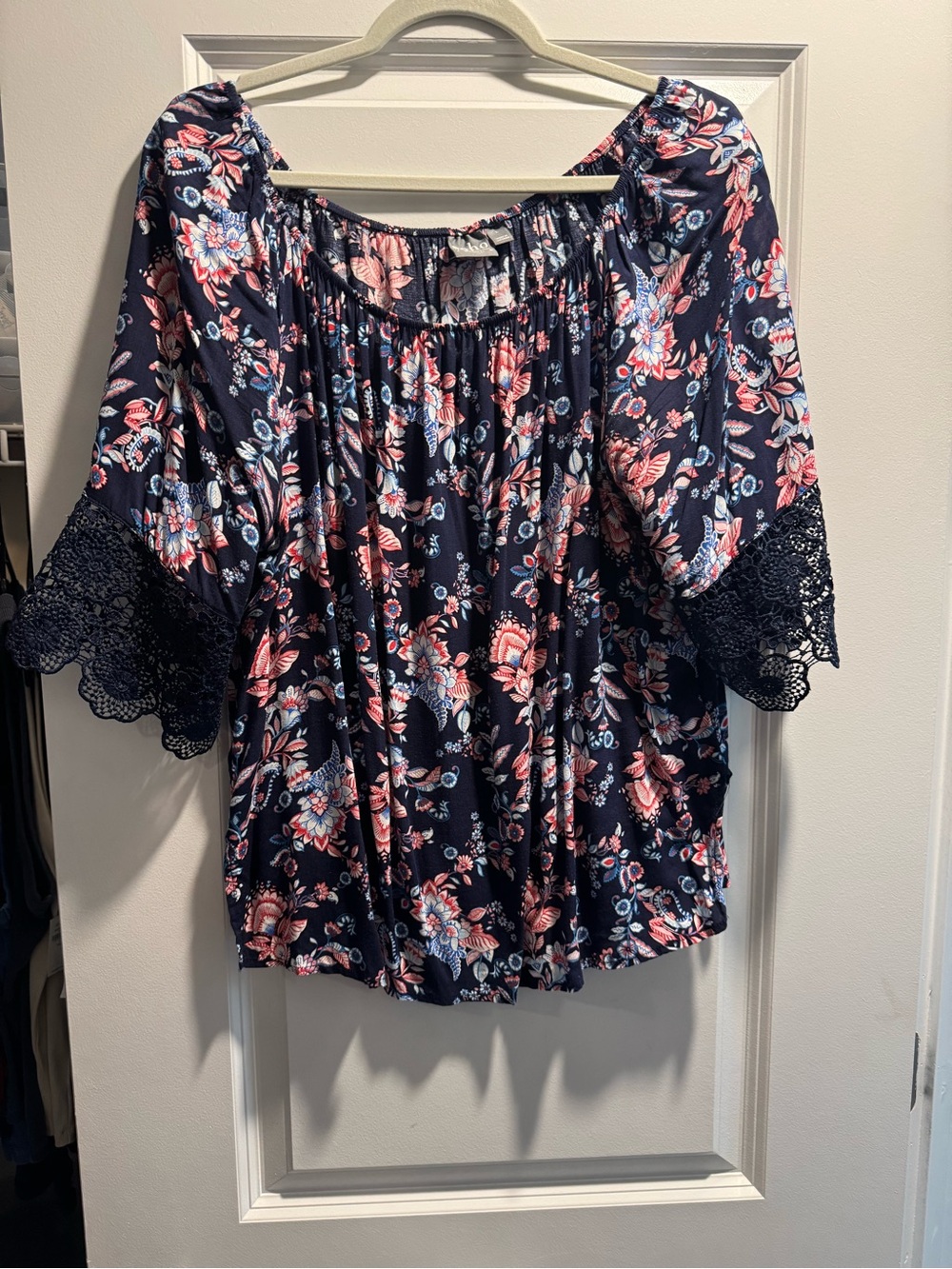 Soho Navy Floral Off-Shoulder Blouse with Pink Accents